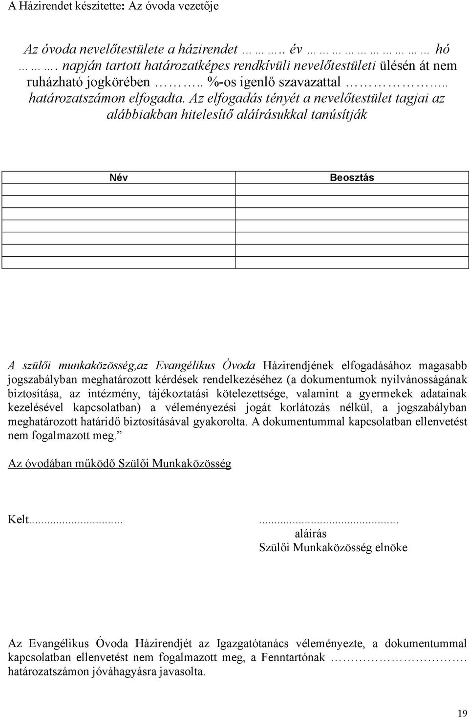 Az elfogadás tényét a nevelőtestület tagjai az alábbiakban hitelesítő aláírásukkal tanúsítják Név Beosztás A szülői munkaközösség,az Evangélikus Óvoda Házirendjének elfogadásához magasabb