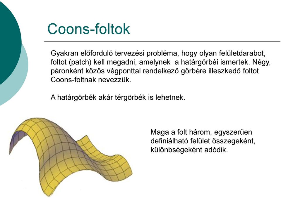 Négy, páronként közös végponttal rendelkező görbére illeszkedő foltot Coons-foltnak