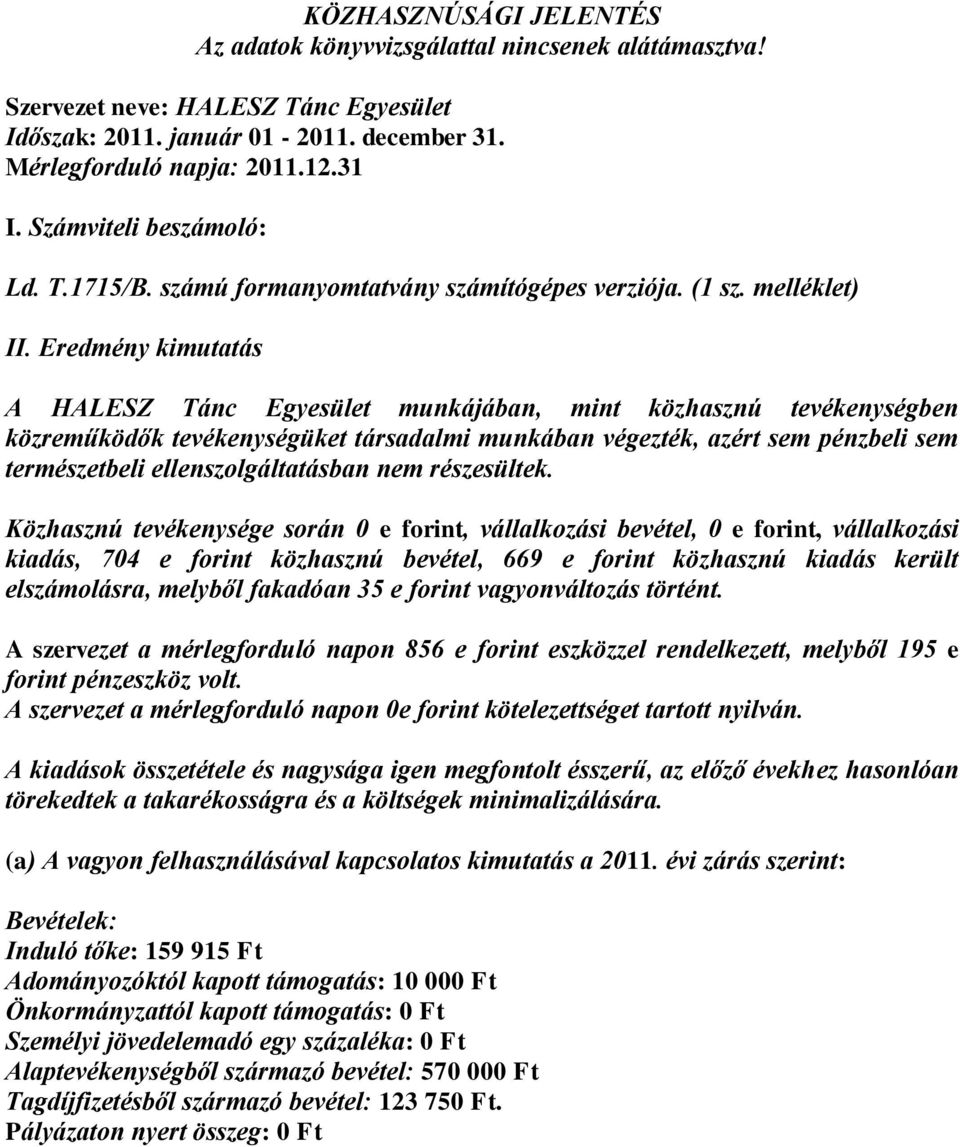 Eredmény kimutatás A HALESZ Tánc Egyesület munkájában, mint közhasznú tevékenységben közreműködők tevékenységüket társadalmi munkában végezték, azért sem pénzbeli sem természetbeli