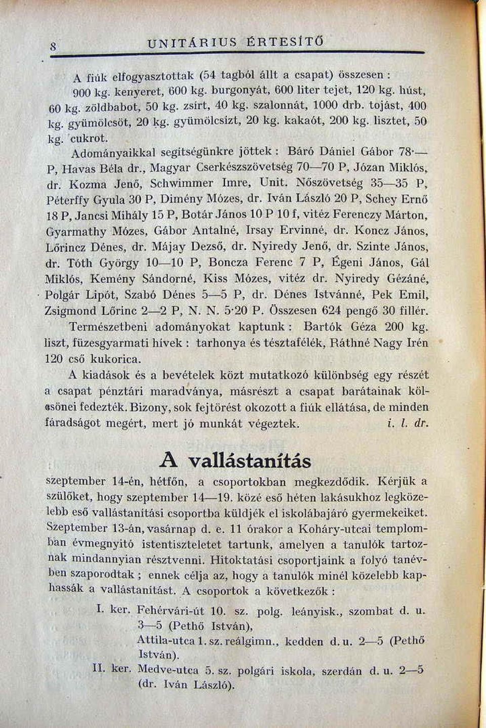 , Magyar Cserkészszövetség 70-70 P, Józan Miklós, dr. Kozma Jenő, Schwimmcr Imre, Unit. Nőszöve tség 35-35 P, Péterffy Gyula 30 P, Dimény Mózes, dr.