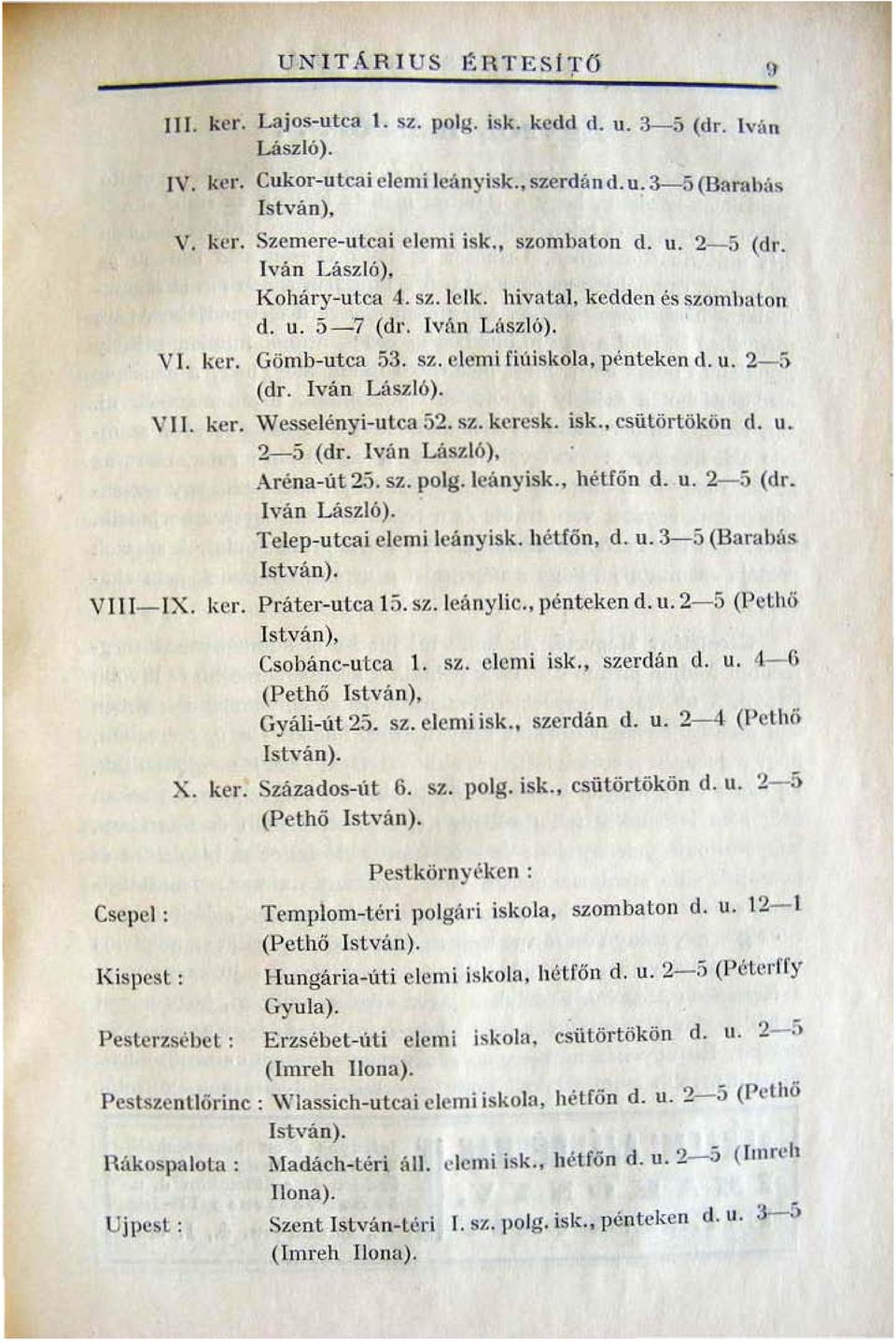 Iván László). VI J. ker. Wesselényi-utca 52. sz. keresk. isk., csütörtökön d. u_ 2-5 (dr. Iván Uszló). Aréna-út 25. sz. polg. leanyisk.. h éuőn d. u. 2-5 (dr. Iván Laszló). Telep-utcai elemi 1canyisk.