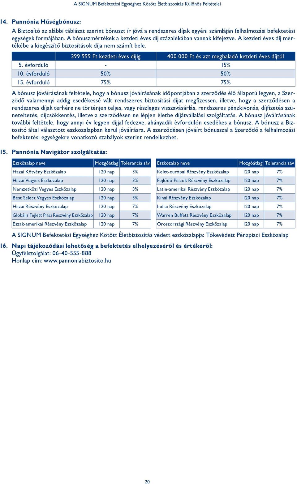 399 999 Ft kezdeti éves díjig 400 000 Ft és azt meghaladó kezdeti éves díjtól 5. évforduló - 15% 10. évforduló 50% 50% 15.
