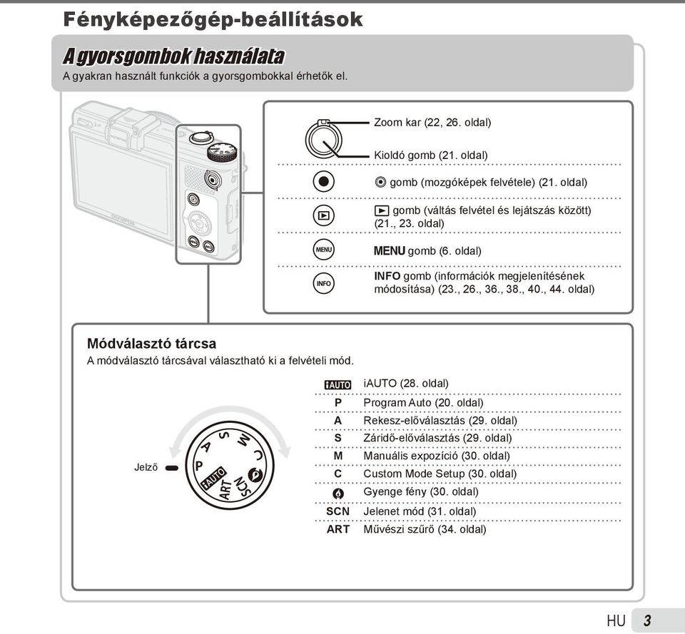 oldal) INFO gomb (információk megjelenítésének módosítása) (23., 26., 36., 38., 40., 44. oldal) Módválasztó tárcsa A módválasztó tárcsával választható ki a felvételi mód.