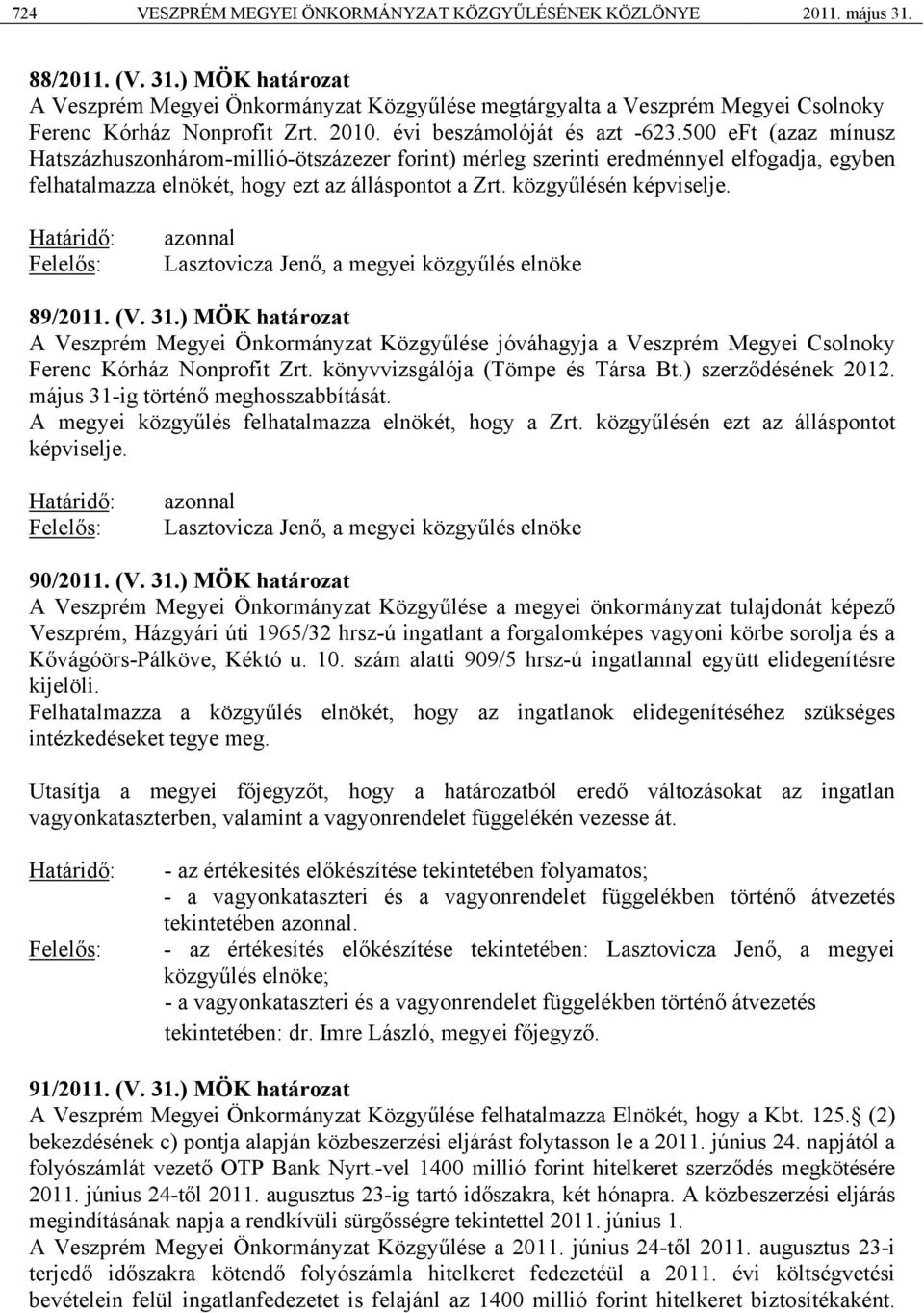 közgyűlésén képviselje. Határidő: Felelős: azonnal Lasztovicza Jenő, a megyei közgyűlés elnöke 89/2011. (V. 31.