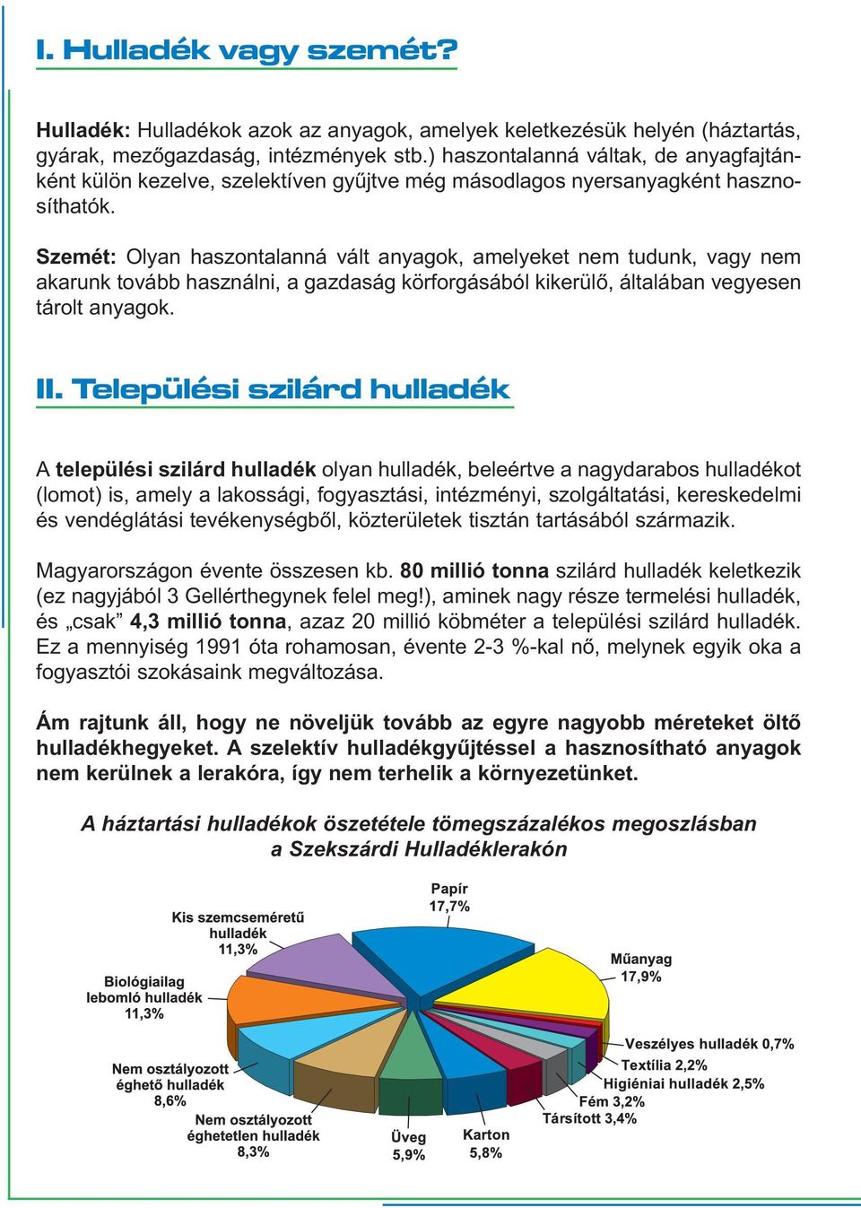 Szemét: Olyan haszontalanná vált anyagok, amelyeket nem tudunk, vagy nem akarunk tovább használni, a gazdaság körforgásából kikerülő, általában vegyesen tárolt anyagok. II.