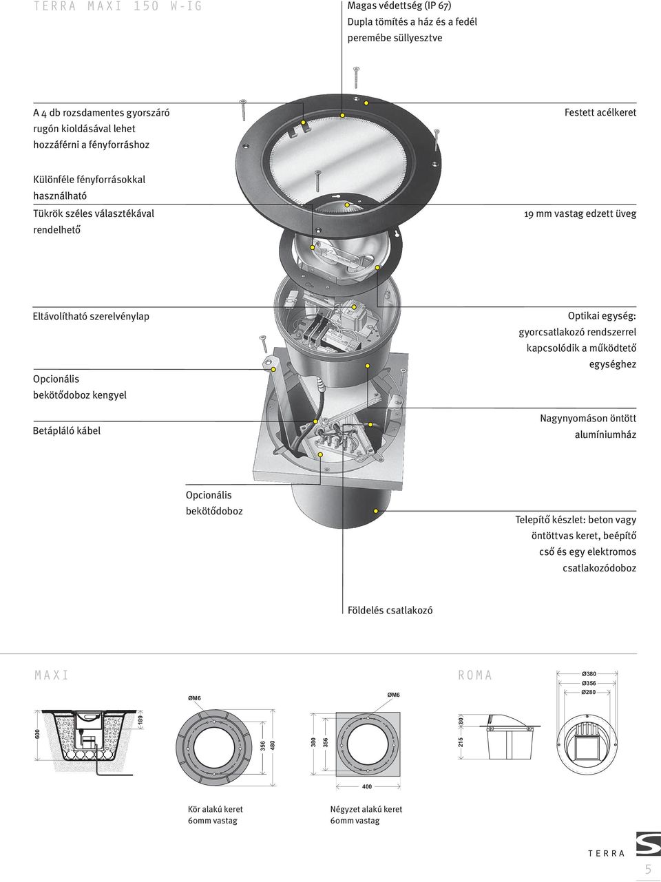 Optikai egység: gyorcsatlakozó rendszerrel kapcsolódik a működtető egységhez Nagynyomáson öntött alumíniumház Opcionális bekötődoboz Telepítő készlet: beton vagy öntöttvas keret, beépítő cső