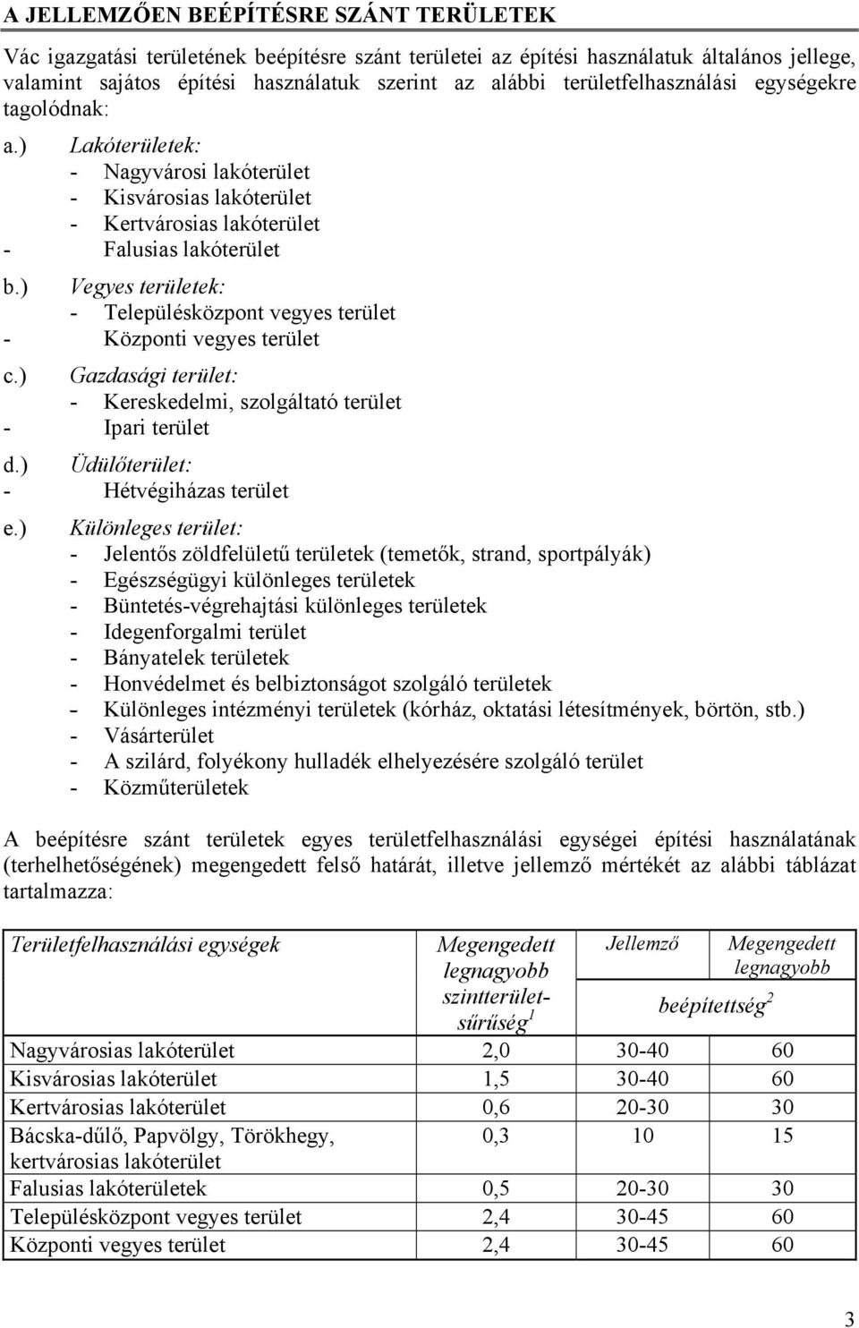 ) Vegyes területek: - Településközpont vegyes terület - Központi vegyes terület c.) Gazdasági terület: - Kereskedelmi, szolgáltató terület - Ipari terület d.) Üdülőterület: - Hétvégiházas terület e.