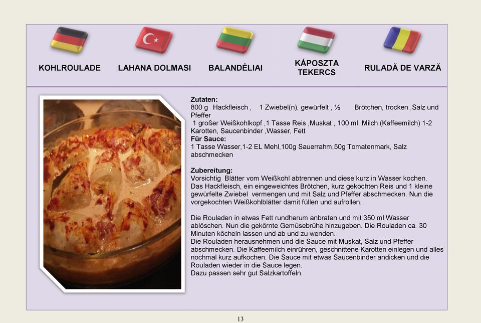 vom Weißkohl abtrennen und diese kurz in Wasser kochen. Das Hackfleisch, ein eingeweichtes Brötchen, kurz gekochten Reis und 1 kleine gewürfelte Zwiebel vermengen und mit Salz und Pfeffer abschmecken.