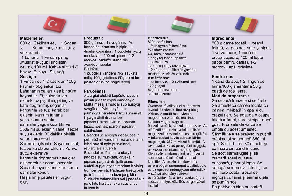 Karışım lahana yapraklarına sarılır. sarmalar yağda kızartılır ve 3509 ml su eklenir.taneli sebze suyu eklenir. 30 dakika pişirilir ve ara sıra çevrilir. Sarmalar çıkarılır.