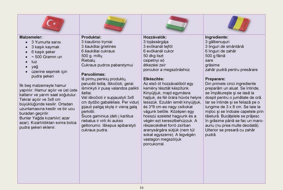 Kızartıldıktan sonra bolca pudra şekeri eklenir. Produktai: 3 kiaušinio tryniai 3 šaukštai grietinės 6 šaukštai cukraus 500 g.