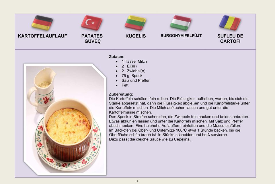 Die Milch aufkochen lassen und gut unter die Kartoffelmasse mischen. Den Speck in Streifen schneiden, die Zwiebeln fein hacken und beides anbraten.