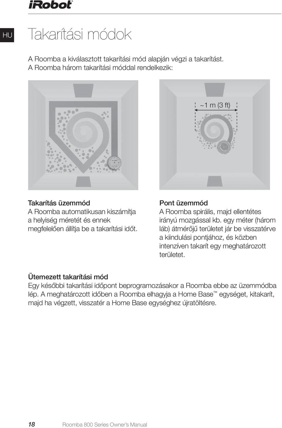 Pont üzemmód A Roomba spirális, majd ellentétes irányú mozgással kb.