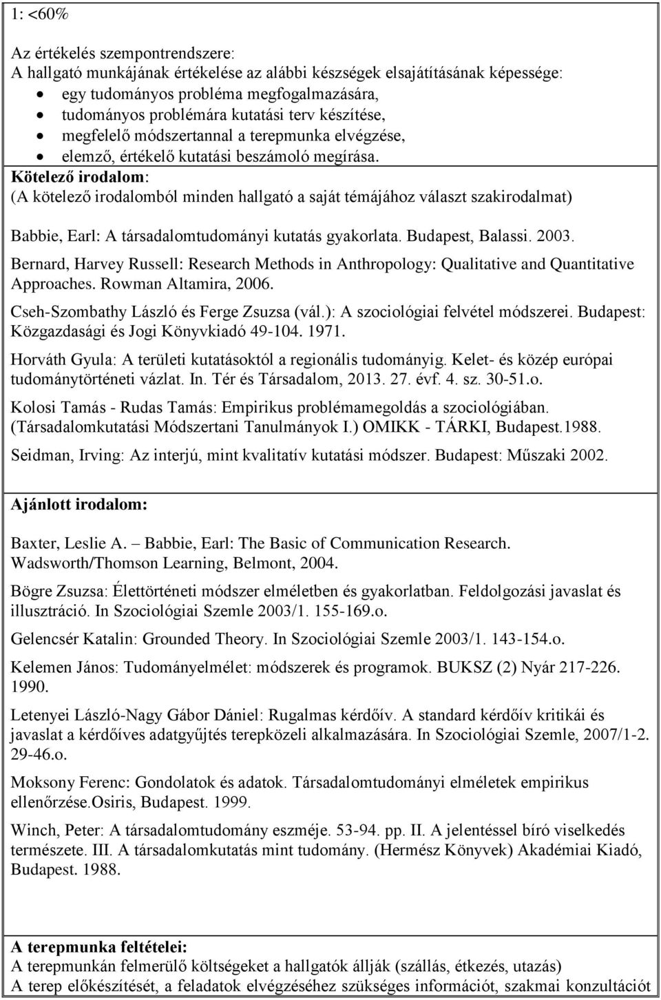 Kötelező irodalom: (A kötelező irodalomból minden hallgató a saját témájához választ szakirodalmat) Babbie, Earl: A társadalomtudományi kutatás gyakorlata. Budapest, Balassi. 2003.