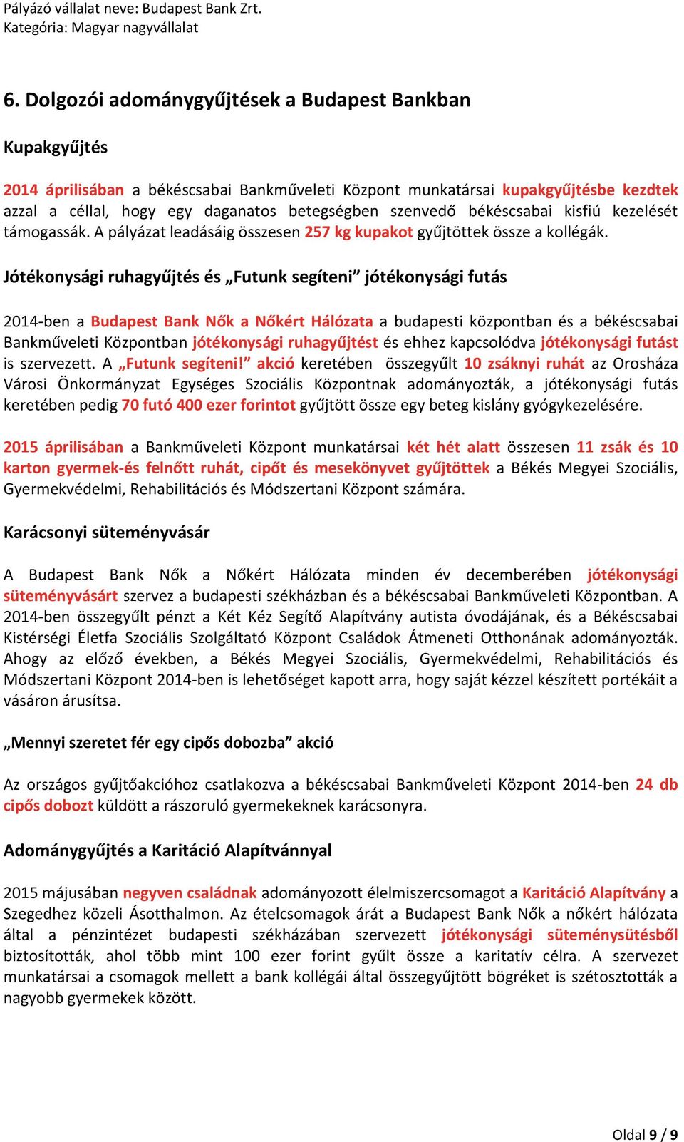 Jótékonysági ruhagyűjtés és Futunk segíteni jótékonysági futás 2014-ben a Budapest Bank Nők a Nőkért Hálózata a budapesti központban és a békéscsabai Bankműveleti Központban jótékonysági ruhagyűjtést