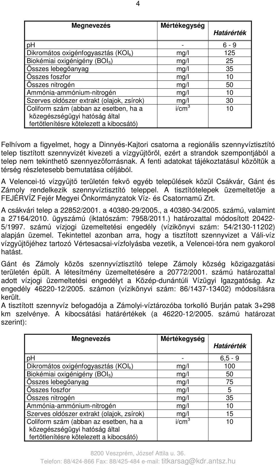 i/cm 3 10 Felhívom a figyelmet, hogy a Dinnyés-Kajtori csatorna a regionális szennyvíztisztító telep tisztított szennyvizét kivezeti a vízgyűjtőről, ezért a strandok szempontjából a telep nem