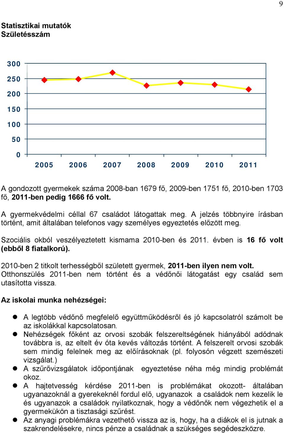 Szociális okból veszélyeztetett kismama 2010-ben és 2011. évben is 16 fő volt (ebből 8 fiatalkorú). 2010-ben 2 titkolt terhességből született gyermek, 2011-ben ilyen nem volt.