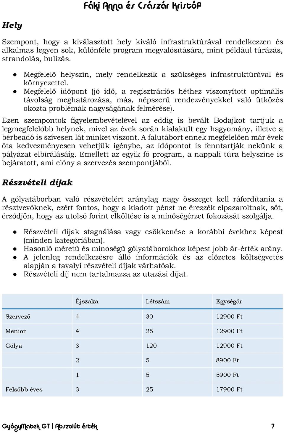 Megfelelő időpont (jó idő, a regisztrációs héthez viszonyított optimális távolság meghatározása, más, népszerű rendezvényekkel való ütközés okozta problémák nagyságának felmérése).