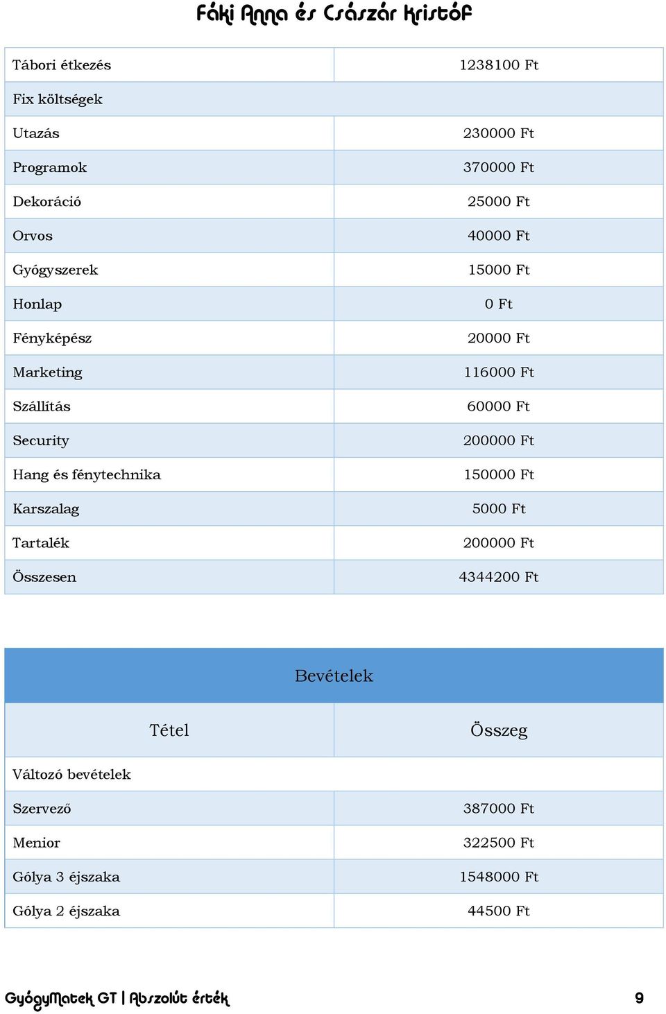 Ft 20000 Ft 116000 Ft 60000 Ft 200000 Ft 150000 Ft 5000 Ft 200000 Ft 4344200 Ft Bevételek Tétel Összeg Változó