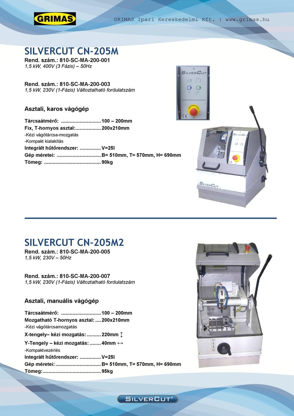 .. 90kg SILVERCUT CN-205M2 Rend. szám.: 810-SC-MA-200-005 1,5 kw, 230V 50Hz Rend. szám.: 810-SC-MA-200-007 1,5 kw, 230V (1-Fázis) Változtatható fordulatszám Asztali, manuális vágógép Tárcsaátmérő:.