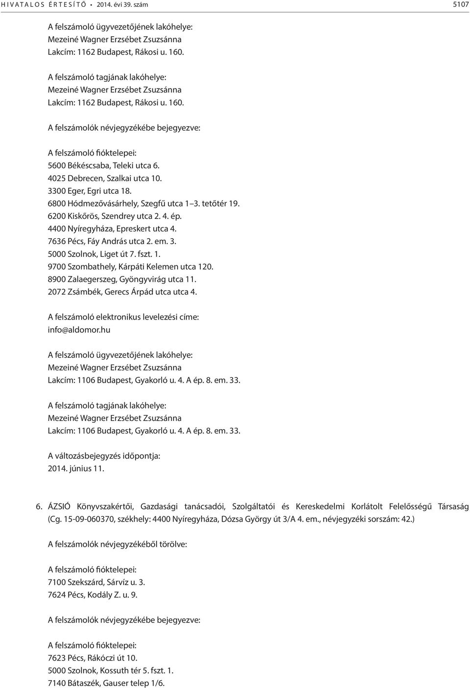 3300 Eger, Egri utca 18. 6800 Hódmezővásárhely, Szegfű utca 1 3. tetőtér 19. 6200 Kiskőrös, Szendrey utca 2. 4. ép. 4400 Nyíregyháza, Epreskert utca 4. 7636 Pécs, Fáy András utca 2. em. 3. 5000 Szolnok, Liget út 7.