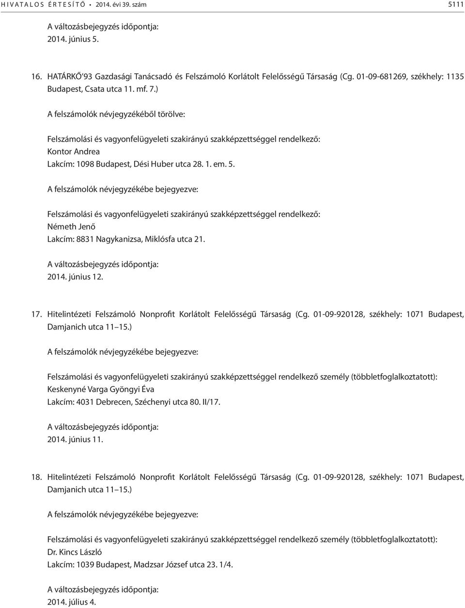 Felszámolási és vagyonfelügyeleti szakirányú szakképzettséggel rendelkező: Németh Jenő Lakcím: 8831 Nagykanizsa, Miklósfa utca 21. 2014. június 12. 17.