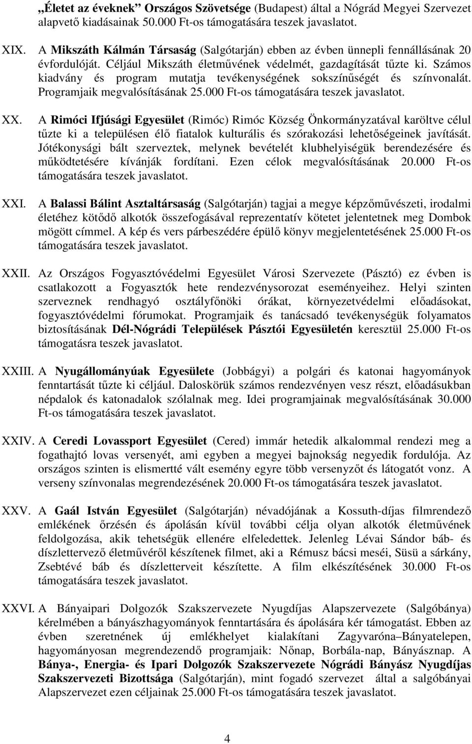 Számos kiadvány és program mutatja tevékenységének sokszínűségét és színvonalát. Programjaik megvalósításának 25.000 Ft-os támogatására teszek javaslatot. XX.