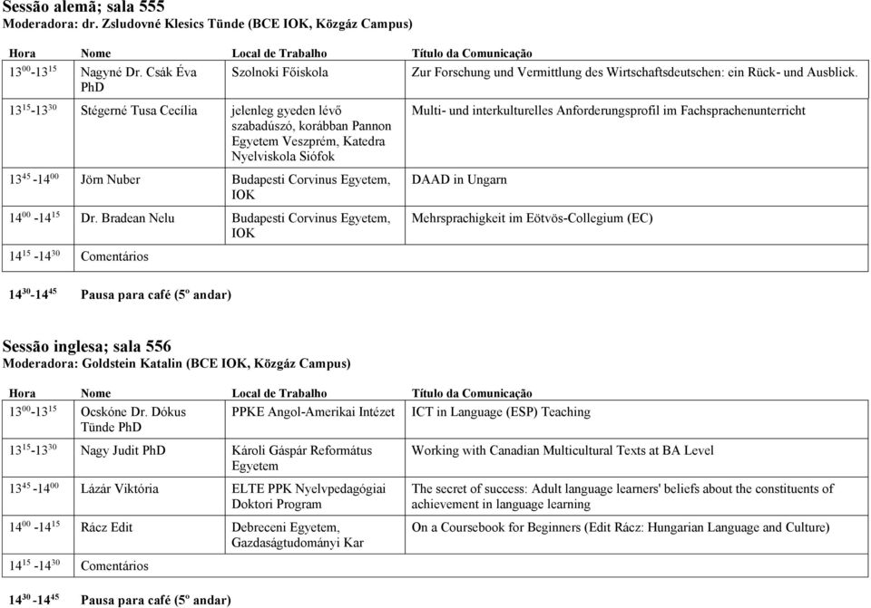 Bradean Nelu IOK Multi- und interkulturelles Anforderungsprofil im Fachsprachenunterricht DAAD in Ungarn Mehrsprachigkeit im Eötvös-Collegium (EC) Sessão inglesa; sala 556 Moderadora: Goldstein