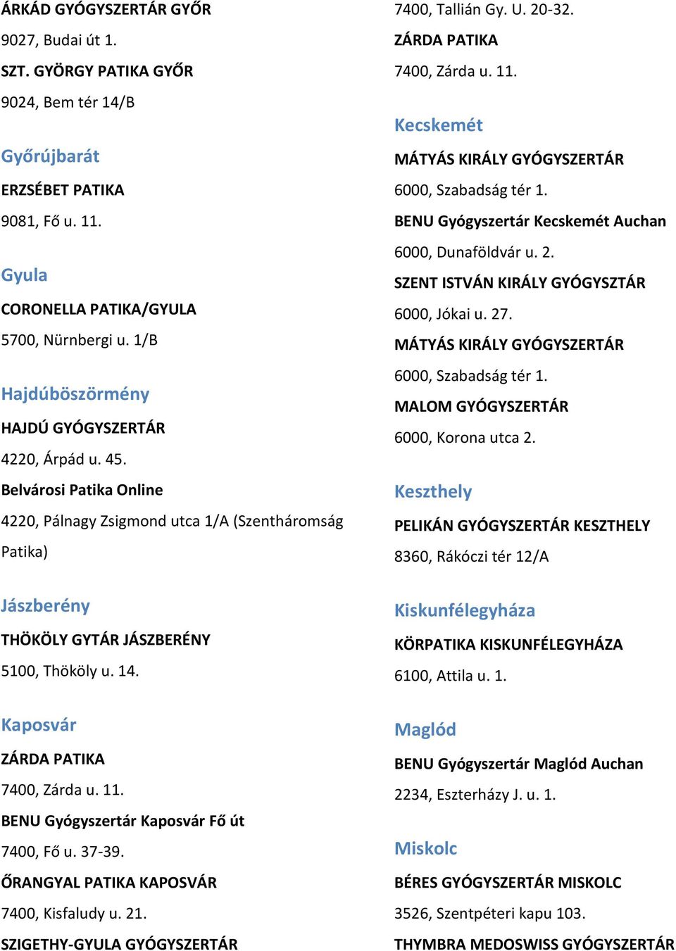 Kaposvár ZÁRDA PATIKA 7400, Zárda u. 11. BENU Gyógyszertár Kaposvár Fő út 7400, Fő u. 37-39. ŐRANGYAL PATIKA KAPOSVÁR 7400, Kisfaludy u. 21. SZIGETHY-GYULA GYÓGYSZERTÁR 7400, Tallián Gy. U. 20-32.