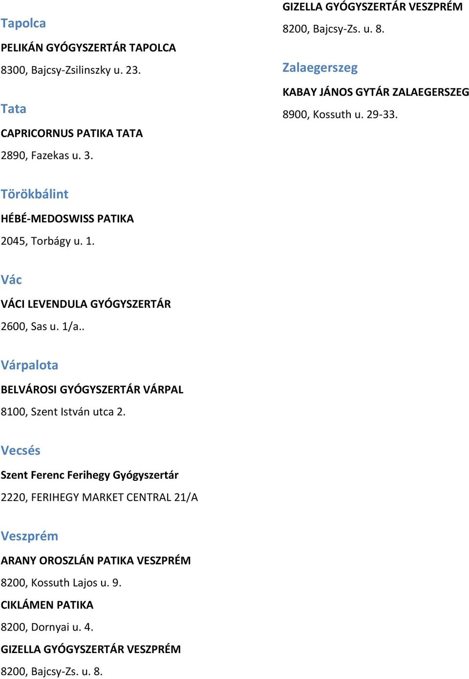 Törökbálint HÉBÉ-MEDOSWISS PATIKA 2045, Torbágy u. 1. Vác VÁCI LEVENDULA GYÓGYSZERTÁR 2600, Sas u. 1/a.