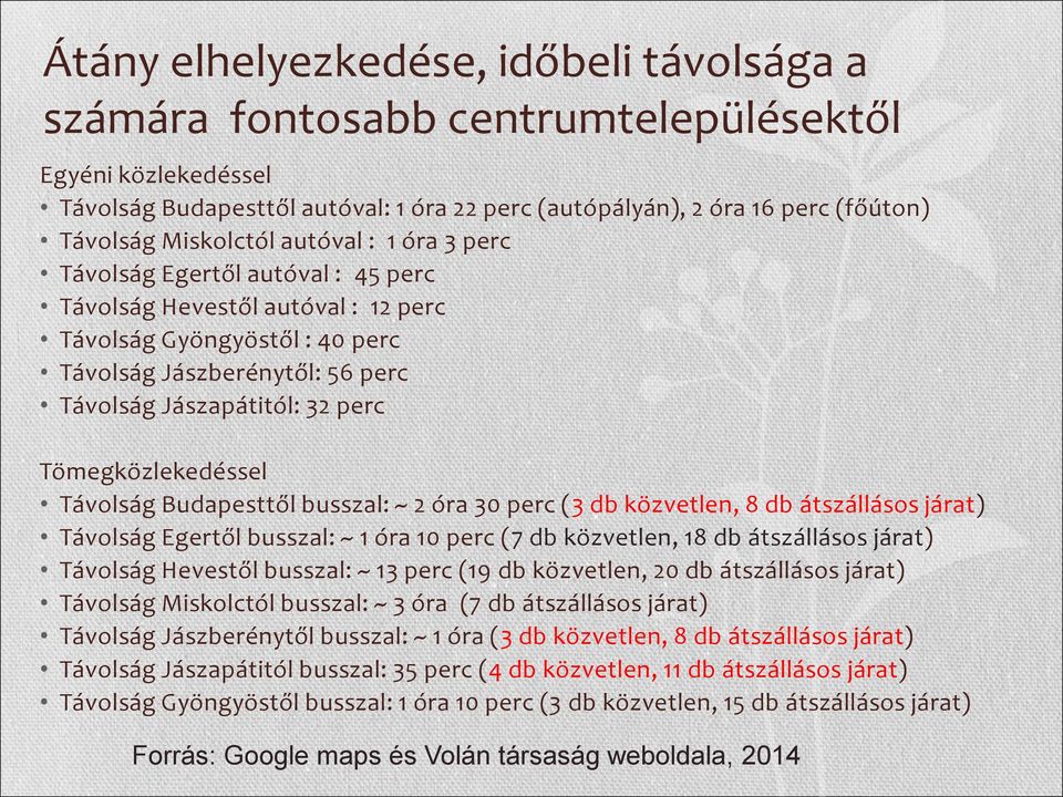 Tömegközlekedéssel Távolság Budapesttől busszal: ~ 2 óra 30 perc (3 db közvetlen, 8 db átszállásos járat) Távolság Egertől busszal: ~ 1 óra 10 perc (7 db közvetlen, 18 db átszállásos járat) Távolság