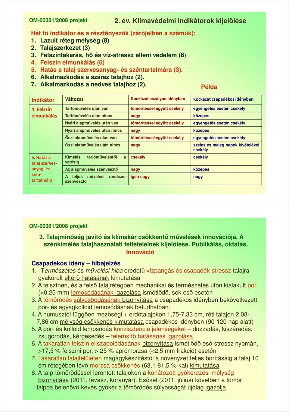 Alkalmazkodás a nedves talajhoz (2). Példa Indikátor Változat Kockázat aszályos idényben Kockázat csapadékos idényben 4. Felszín elmunkálás 5.