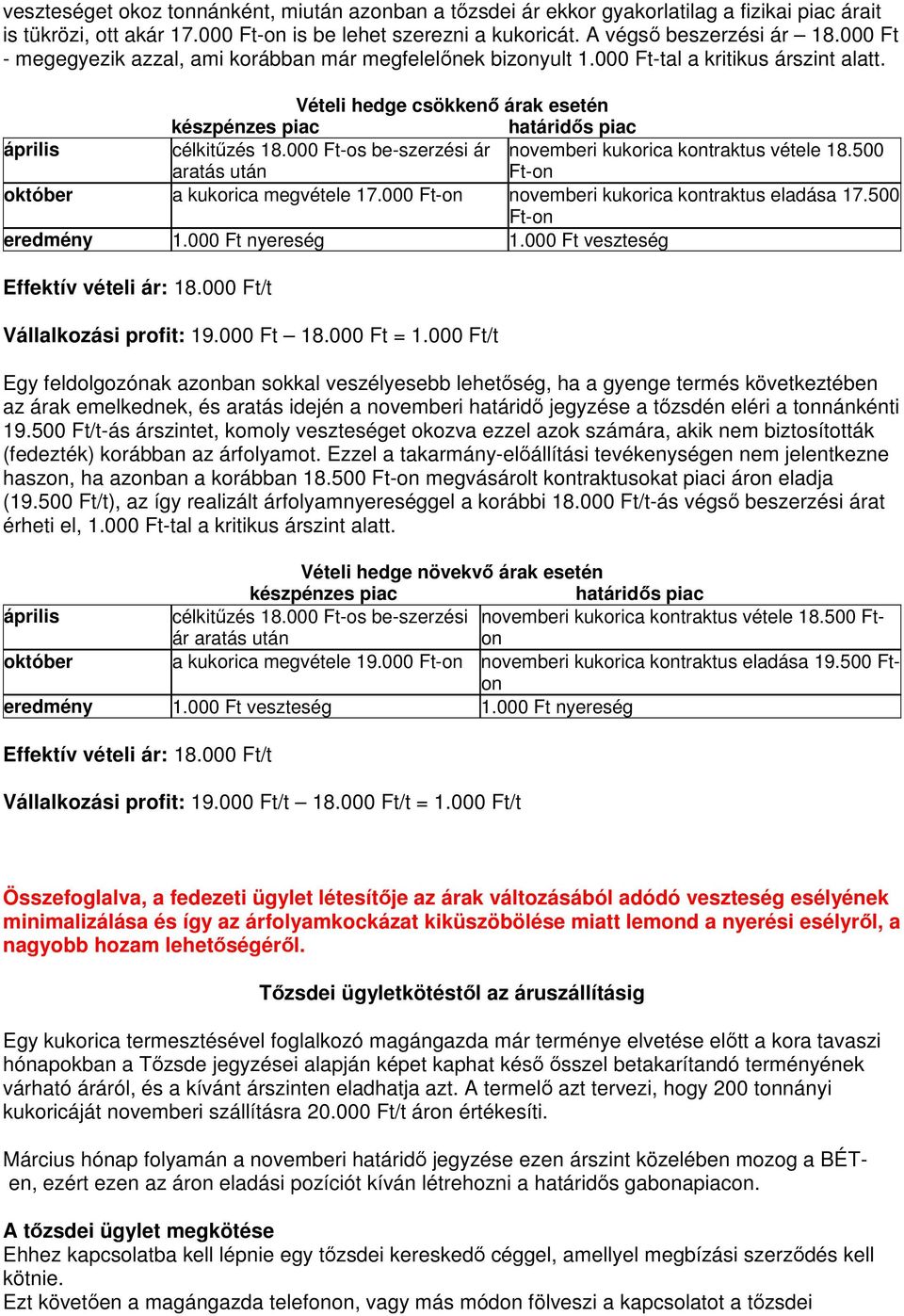 000 Ft-os be-szerzési ár aratás után novemberi kukorica kontraktus vétele 18.500 Ft-on október a kukorica megvétele 17.000 Ft-on novemberi kukorica kontraktus eladása 17.500 Ft-on eredmény 1.