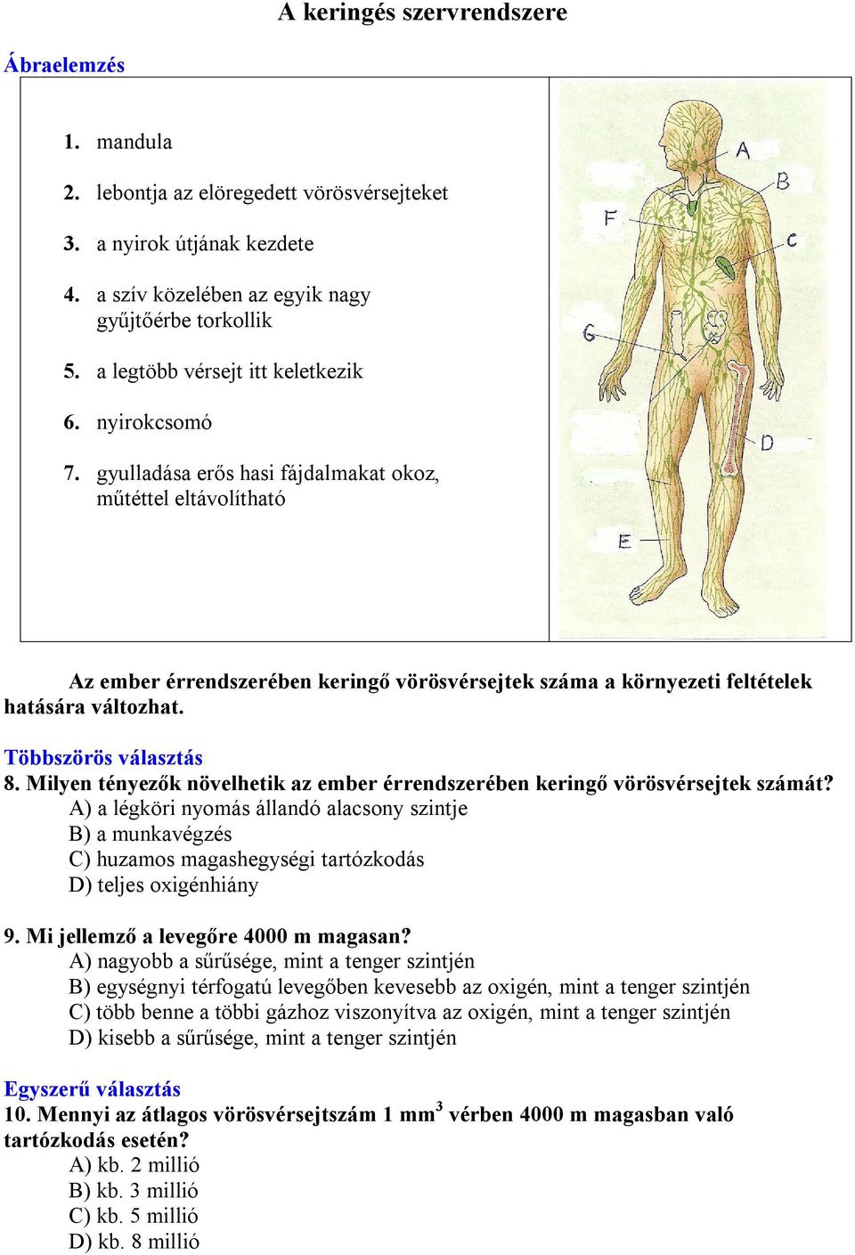 gyulladása erős hasi fájdalmakat okoz, műtéttel eltávolítható Az ember érrendszerében keringő vörösvérsejtek száma a környezeti feltételek hatására változhat. Többszörös választás 8.