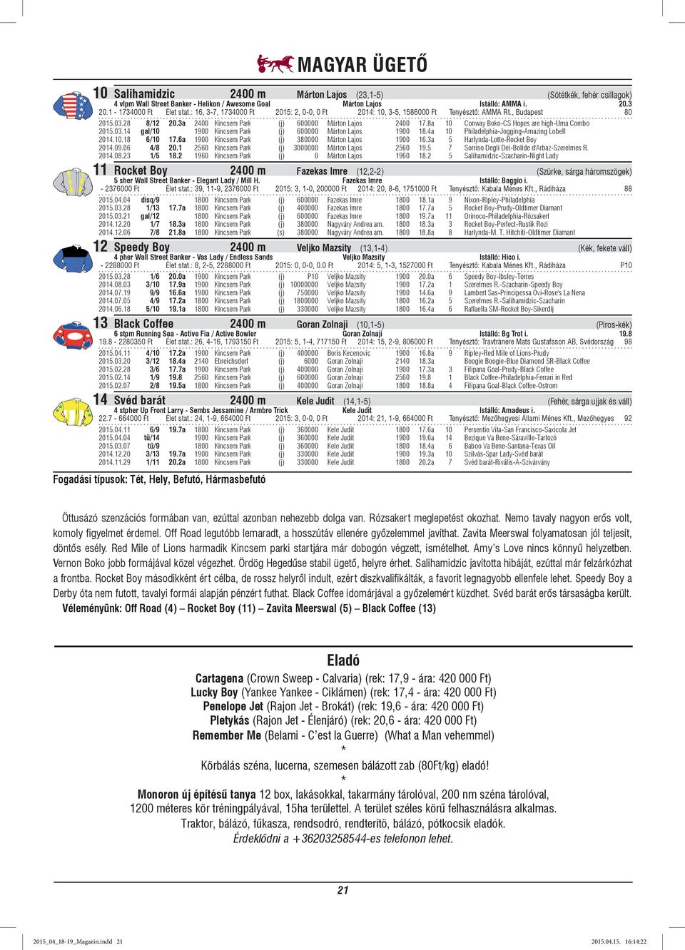 8a 10 Conway Boko-CS Hopes are high-uma Combo 2015.03.14 gal/10 1900 Kincsem Park (j) 600000 Márton Lajos 1900 18.4a 10 Philadelphia-Jogging-Amazing Lobell 2014.10.18 6/10 17.