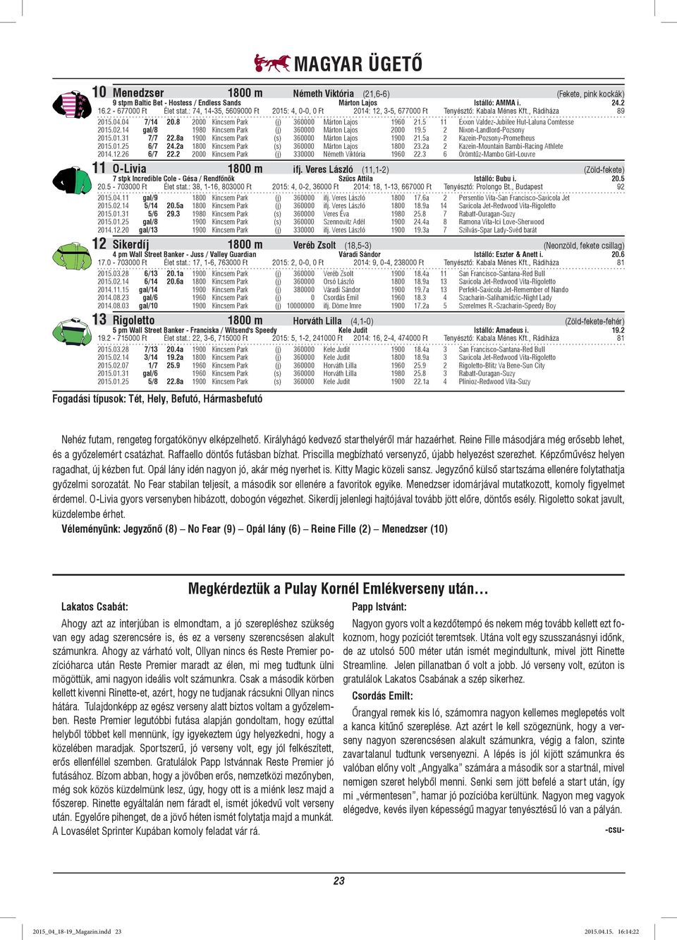 5 11 Exxon Valdez-Jubilee Hut-Laluna Comtesse 2015.02.14 gal/8 1980 Kincsem Park (j) 360000 Márton Lajos 2000 19.5 2 Nixon-Landlord-Pozsony 2015.01.31 7/7 22.