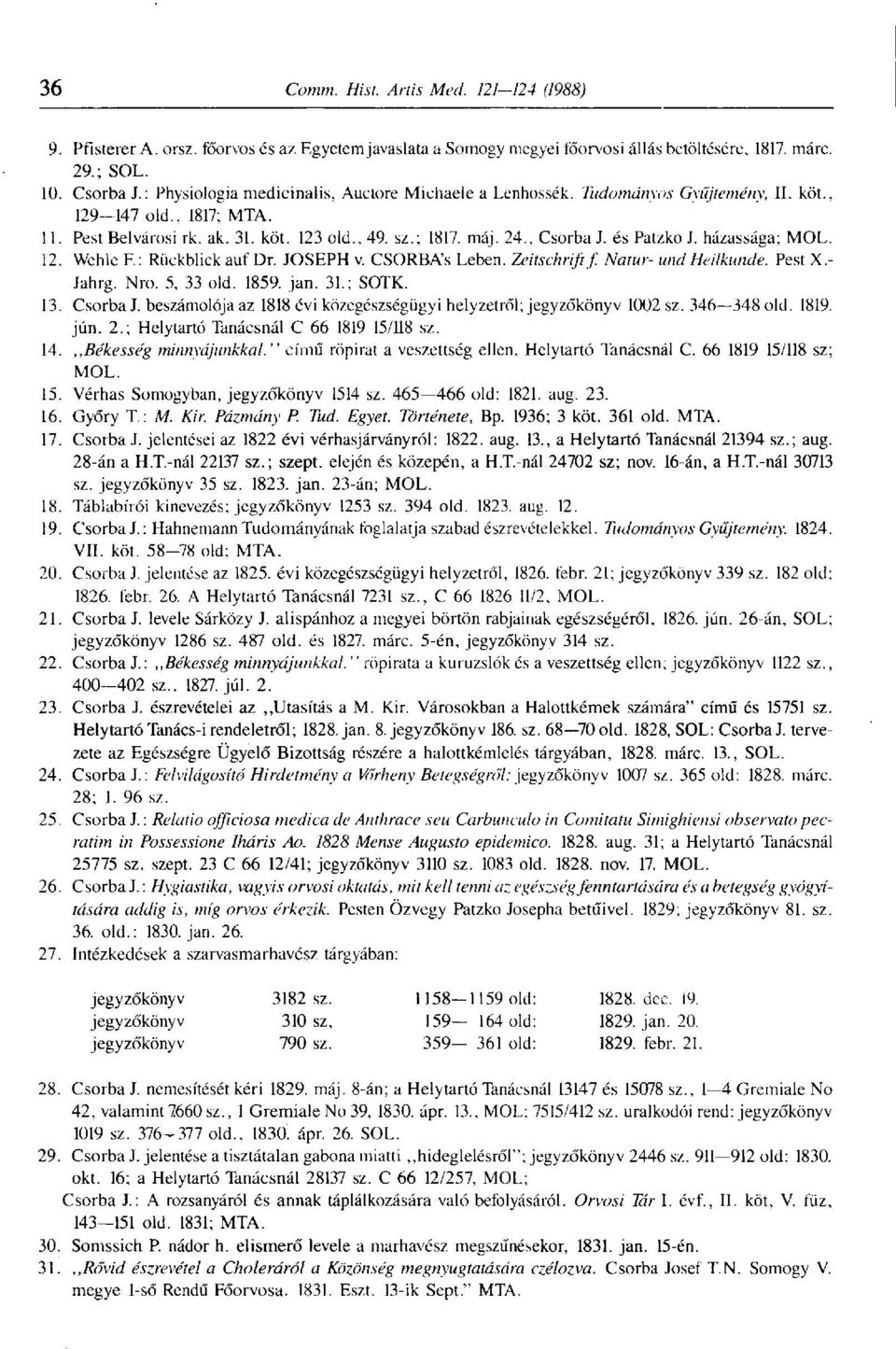 JOSEPH v. CSORBA's Leben. Zeitschrift f. Natur- und Heilkunde. Pest X.- Jahrg. Nro. 5, 33 old. 1859. jan. 31.; SOTK. 13. Csorba J.