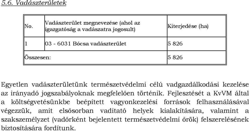 Egyetlen vadászterületünk természetvédelmi célú vadgazdálkodási kezelése az irányadó jogszabályoknak megfelelően történik.