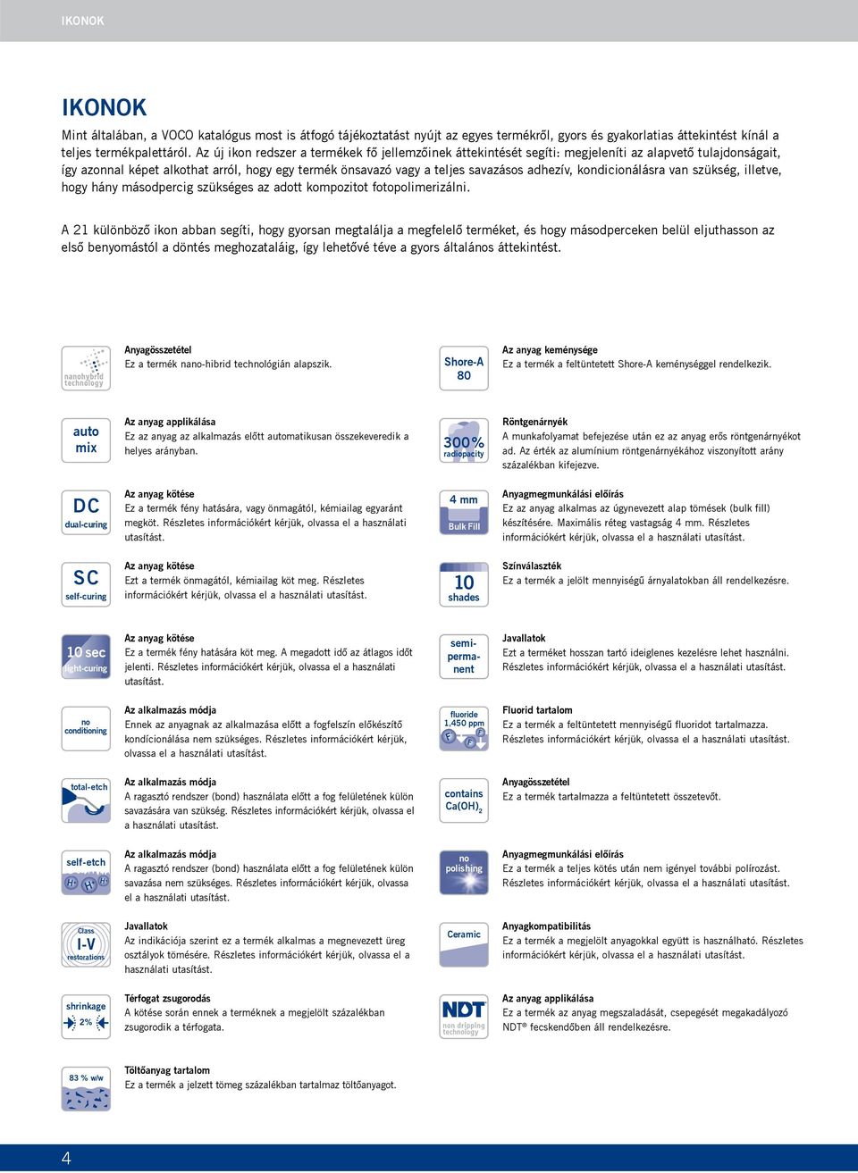 kondicionálásra van szükség, illetve, hogy hány másodpercig szükséges az adott kompozitot fotopolimerizálni.