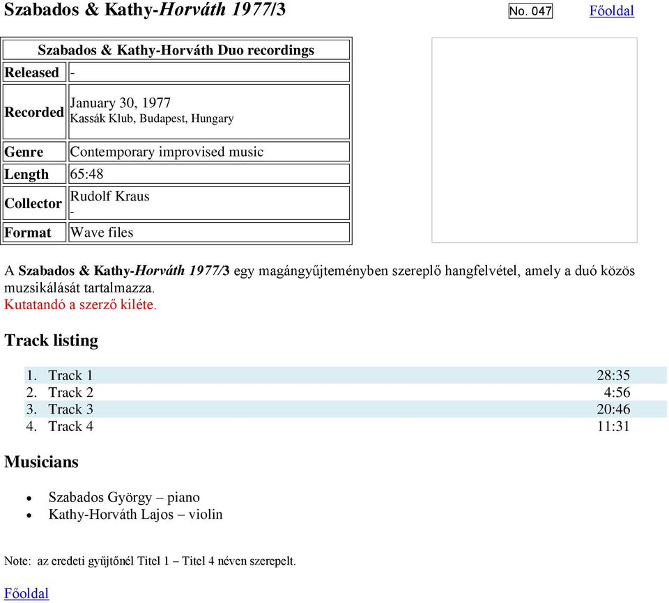 Contemporary improvised music Rudolf Kraus - Wave files A Szabados & Kathy-Horváth 1977/3 egy magángyűjteményben szereplő hangfelvétel,