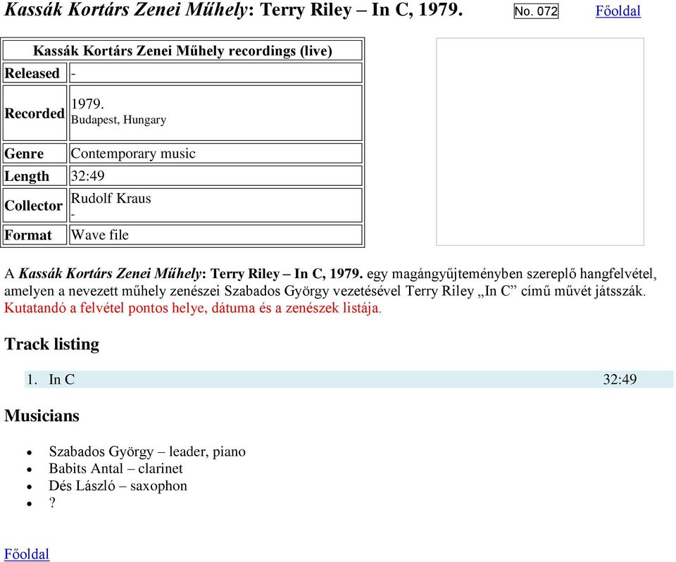 egy magángyűjteményben szereplő hangfelvétel, amelyen a nevezett műhely zenészei Szabados György vezetésével Terry Riley In C című művét
