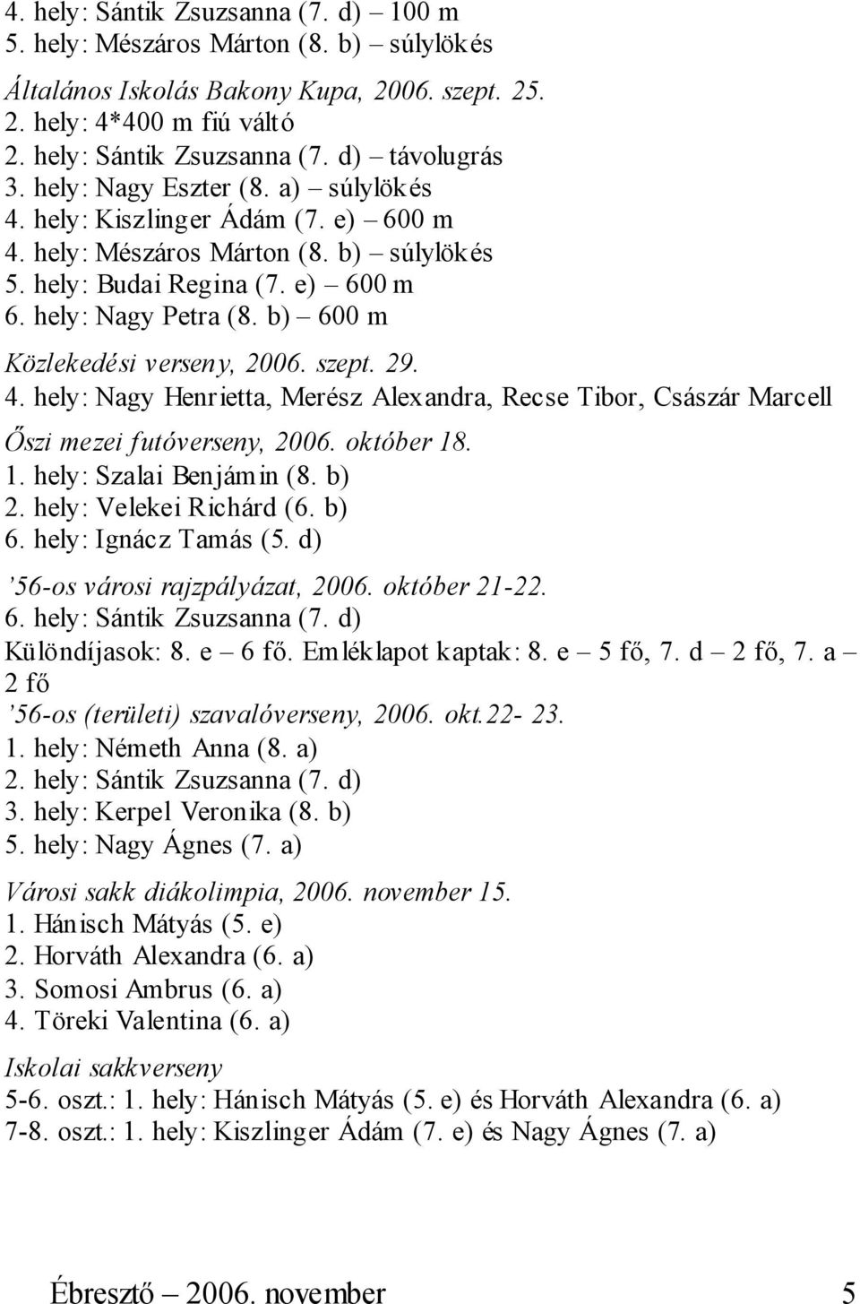 b) 600 m Közlekedési verseny, 2006. szept. 29. 4. hely: Nagy Henrietta, Merész Alexandra, Recse Tibor, Császár Marcell Őszi mezei futóverseny, 2006. október 18. 1. hely: Szalai Benjámin (8. b) 2.