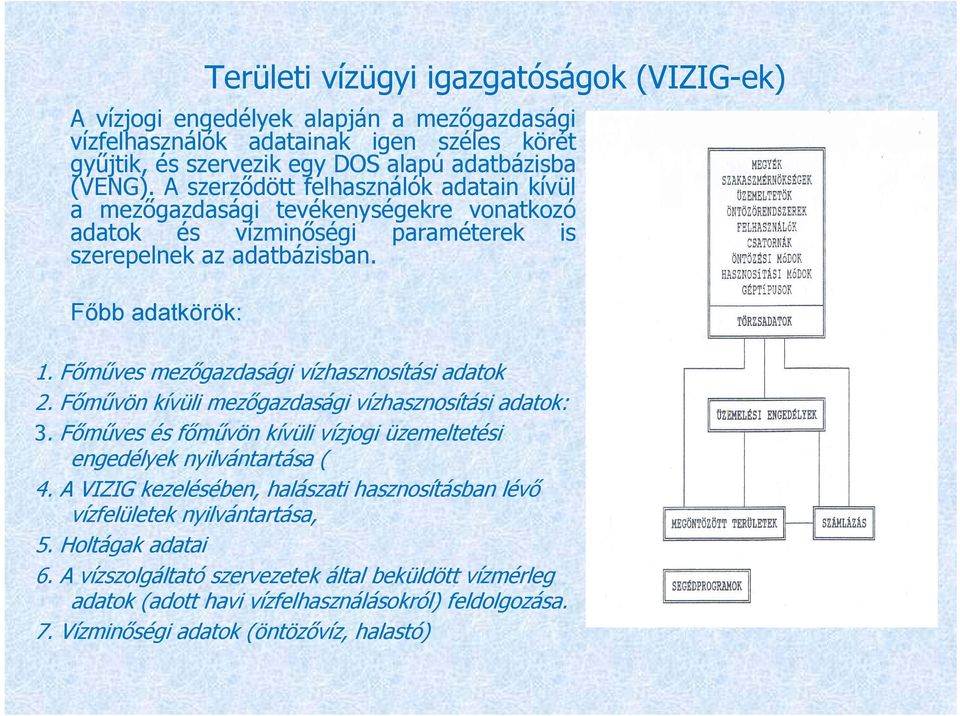 Főműves mezőgazdasági vízhasznosítási adatok 2. Főművön kívüli mezőgazdasági vízhasznosítási adatok: 3. Főműves és főművön kívüli vízjogi üzemeltetési engedélyek nyilvántartása ( 4.