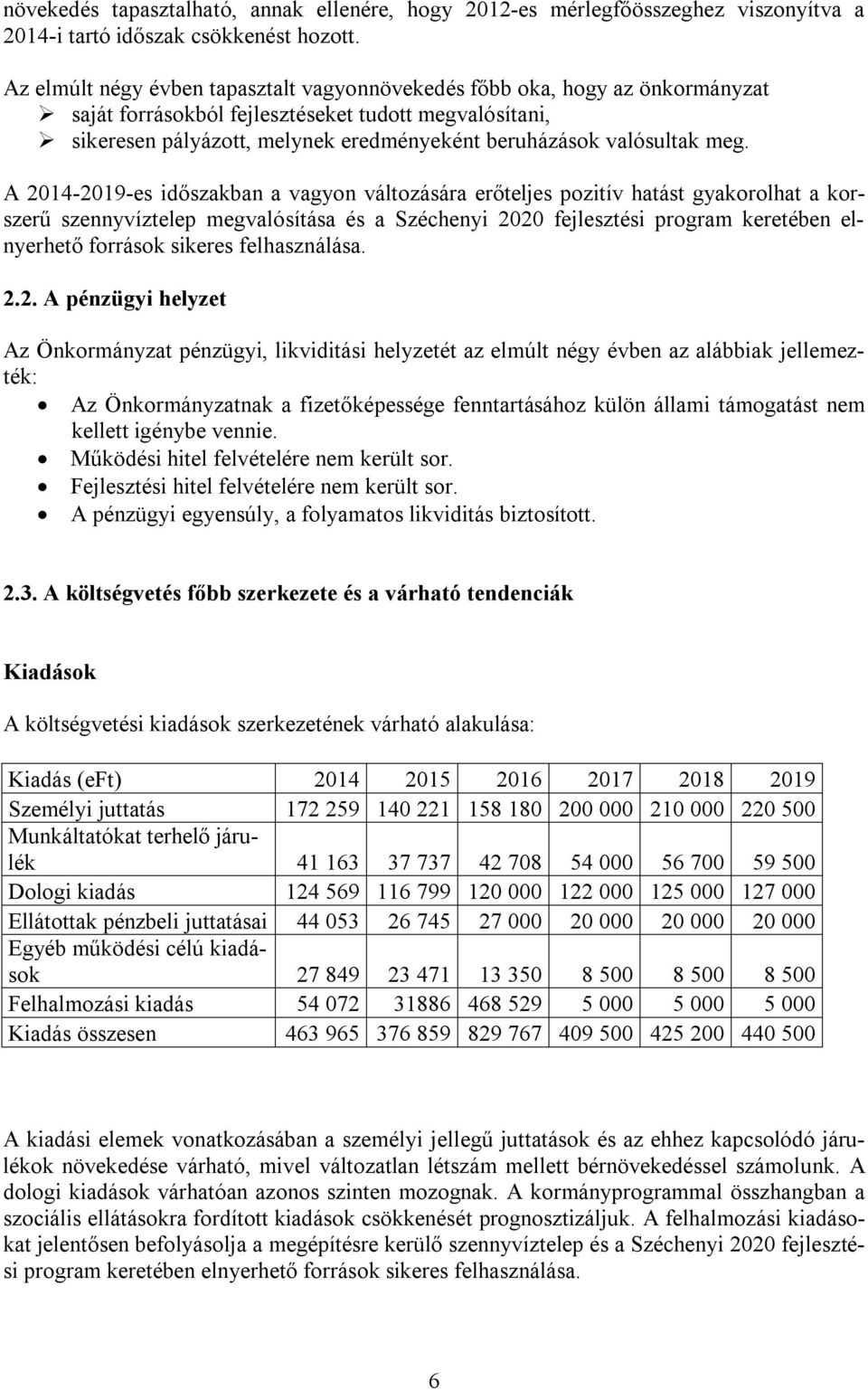 meg. A 2014-2019-es időszakban a vagyon változására erőteljes pozitív hatást gyakorolhat a korszerű szennyvíztelep megvalósítása és a Széchenyi 2020 fejlesztési program keretében elnyerhető források