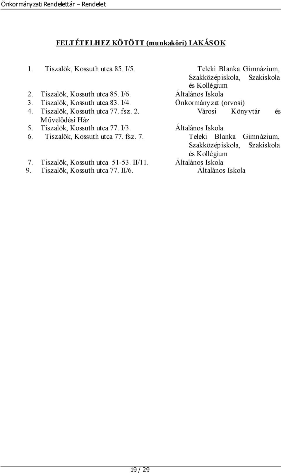 Városi Könyvtár és Művelődési Ház 5. Tiszalök, Kossuth utca 77. I/3. Általános Iskola 6. Tiszalök, Kossuth utca 77. fsz. 7. Teleki Blanka Gimnázium, Szakközépiskola, Szakiskola és Kollégium 7.