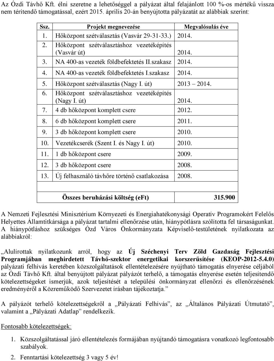 3. NA 400-as vezeték földbefektetés II.szakasz 2014. 4. NA 400-as vezeték földbefektetés I.szakasz 2014. 5. Hőközpont szétválasztás (Nagy I. út) 2013 2014. 6.