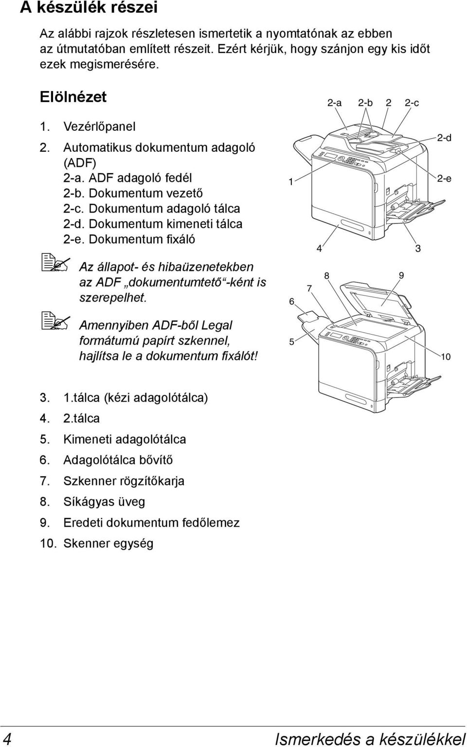 Dokumentum fixáló Az állapot- és hibaüzenetekben az ADF dokumentumtető -ként is szerepelhet. Amennyiben ADF-ből Legal formátumú papírt szkennel, hajlítsa le a dokumentum fixálót!