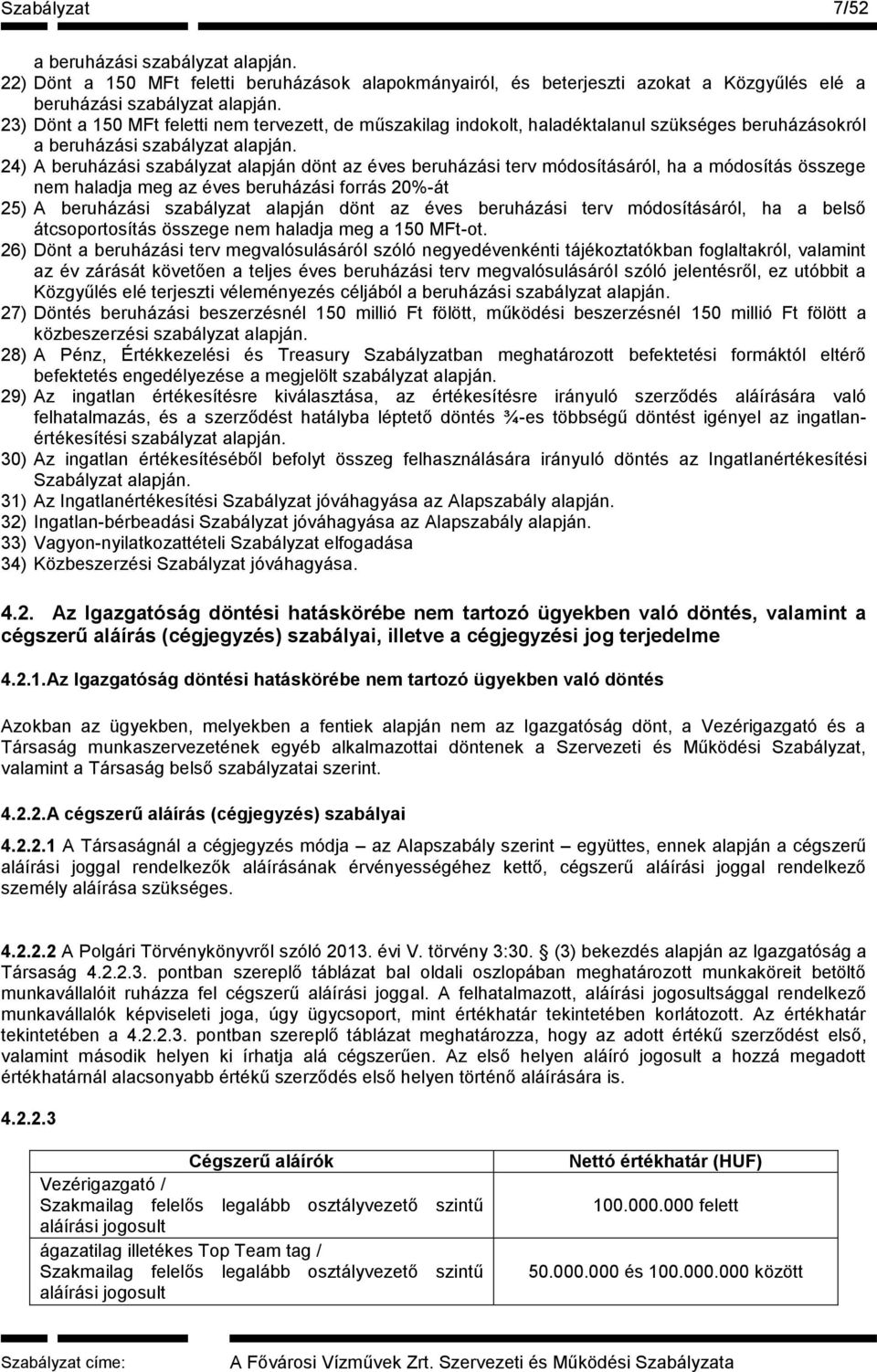 24) A beruházási szabályzat alapján dönt az éves beruházási terv módosításáról, ha a módosítás összege nem haladja meg az éves beruházási forrás 20%-át 25) A beruházási szabályzat alapján dönt az