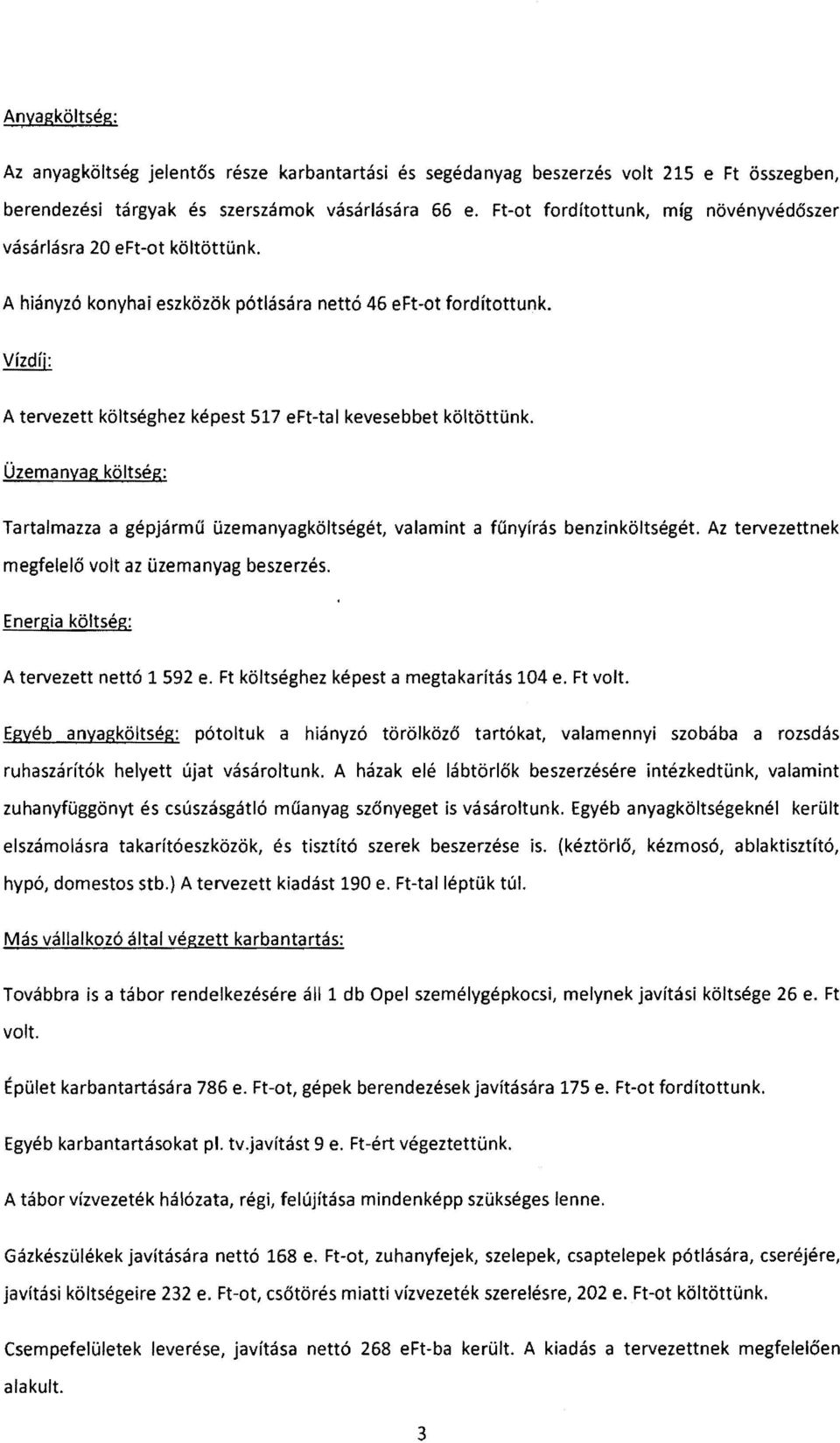 A tervezett költséghez képest 517 eft-tal kevesebbet költöttünk. Üzemanyag költség: Tartalmazza a gépjármű üzemanyagköltségét, valamint a fűnyírás benzinköltségét.