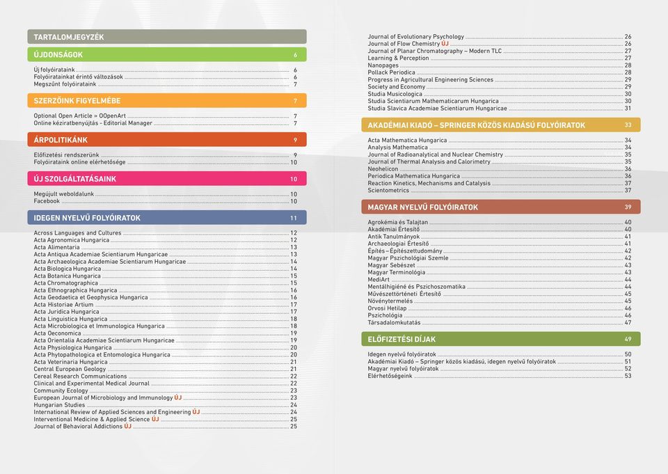 .. 10 Across Languages and Cultures... 12 Acta Agronomica Hungarica... 12 Acta Alimentaria... 13 Acta Antiqua Academiae Scientiarum Hungaricae... 13 Acta Archaeologica Academiae Scientiarum Hungaricae.