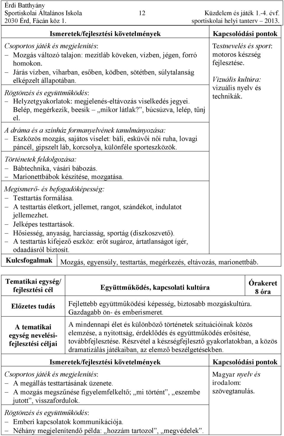 , búcsúzva, lelép, tűnj el. Testnevelés és sport: motoros készség fejlesztése. Vizuális kultúra: vizuális nyelv és technikák.